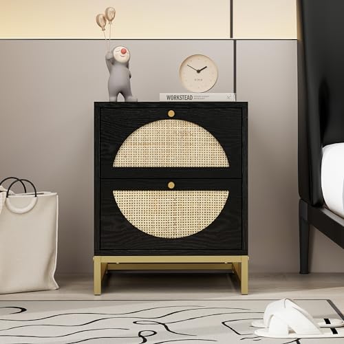 Black 2-Drawer Rattan Wood Nightstand M695
