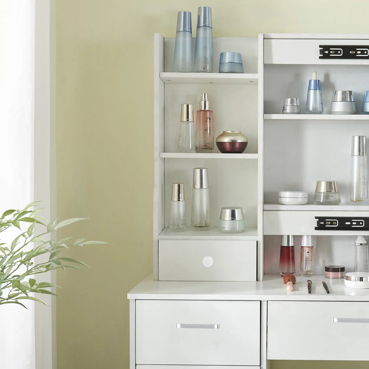 White Vanity Desk with LED Lighted Sliding Mirror and Stool T869