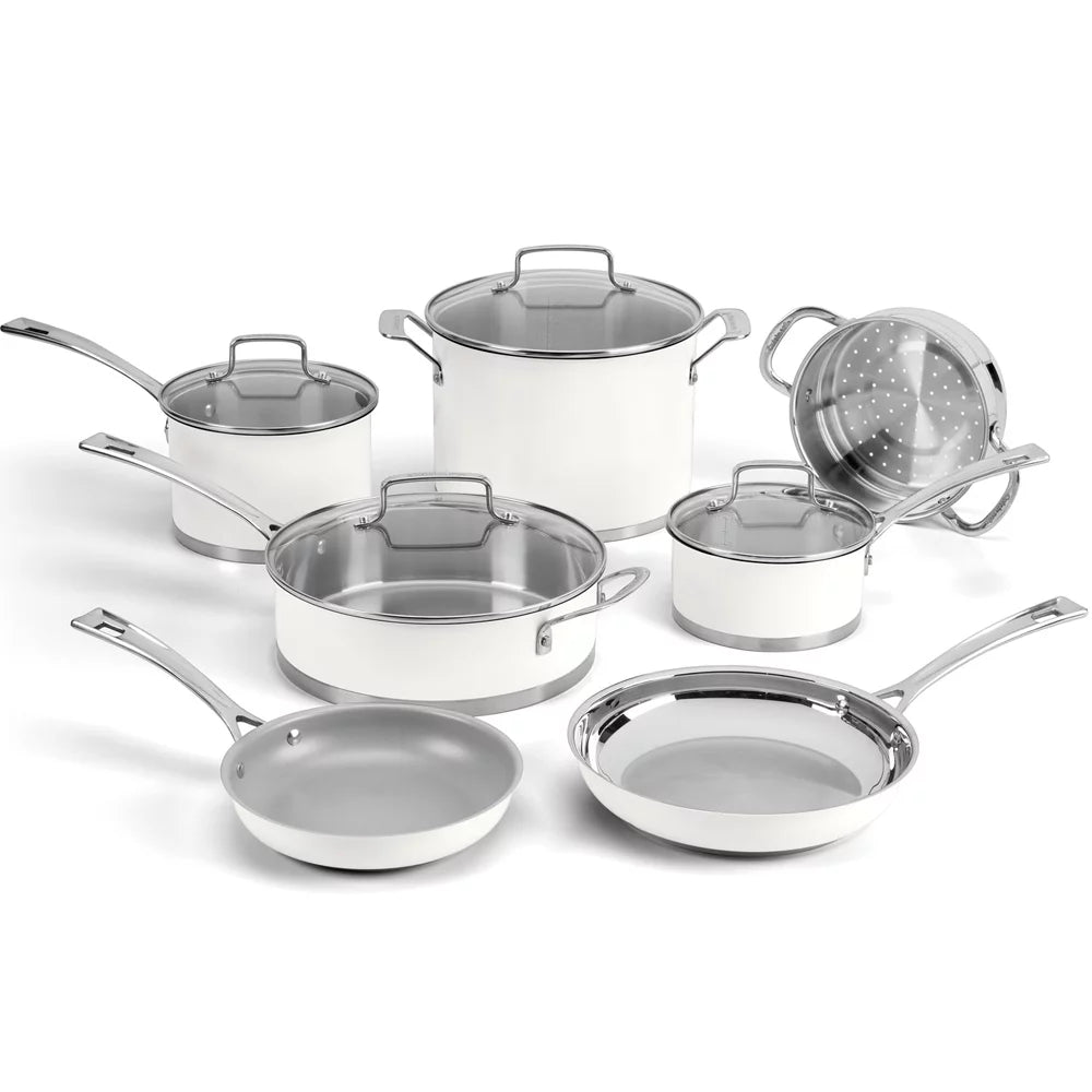 11-piece Matte White Cookware Set with Oven Mitt and Kitchen Timer R773904