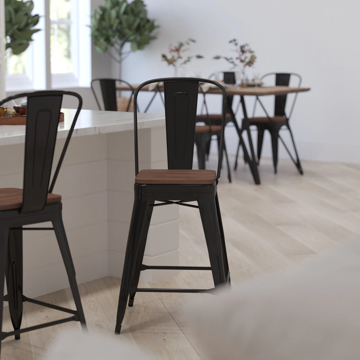 24 Inch Black Metal Counter Bar Stool with Wood Seat K7001