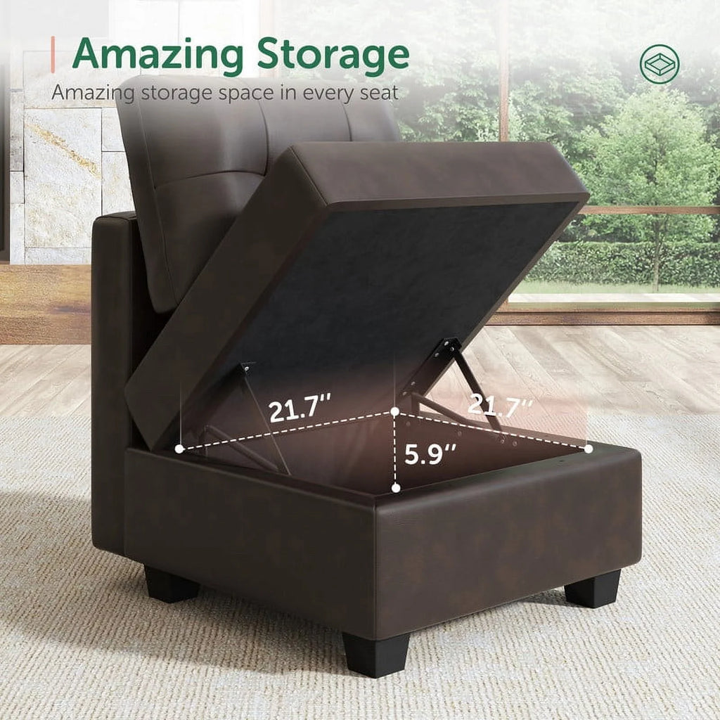 Brown Faux Leather L-Shaped Sectional Sofa with Storage I3417