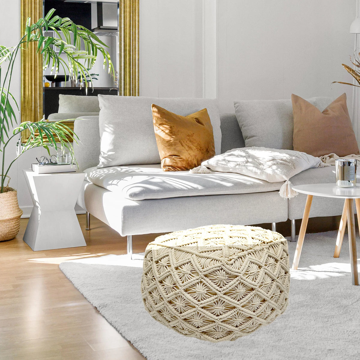 18" Beige Handmade Macramé Cotton Pouf Ottoman R8322