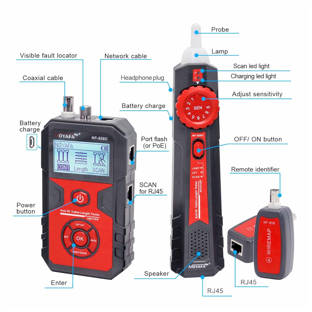 LCD Network Tester, RJ11 RJ45 Coax Cable Tester with VFL and POE Z50828