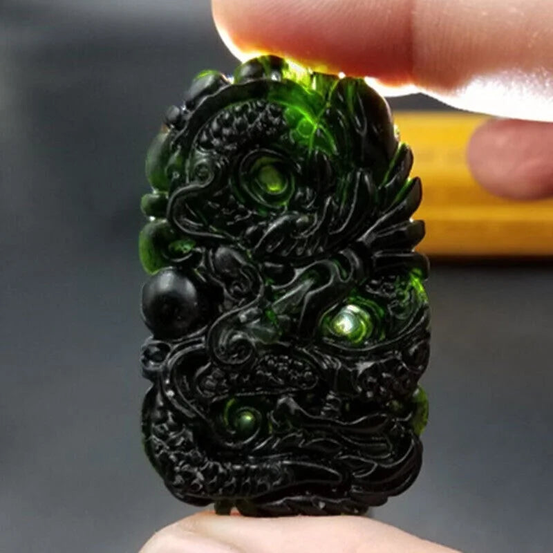 24" Black-Green Jade Dragon Necklace P793841