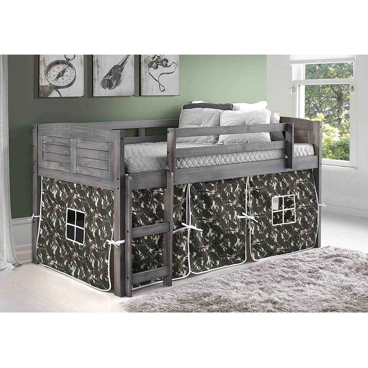 Antique Grey Twin Low Loft Bed with Camo Tent J724