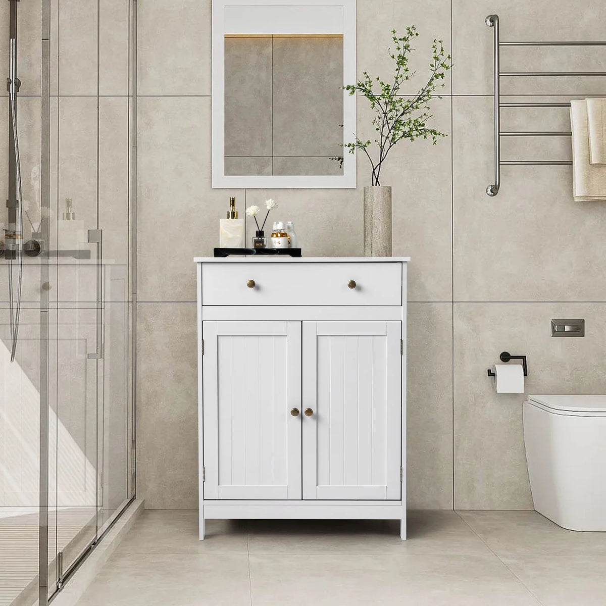 White Freestanding Bathroom Floor Cabinet with Drawer and 2 Doors P3473