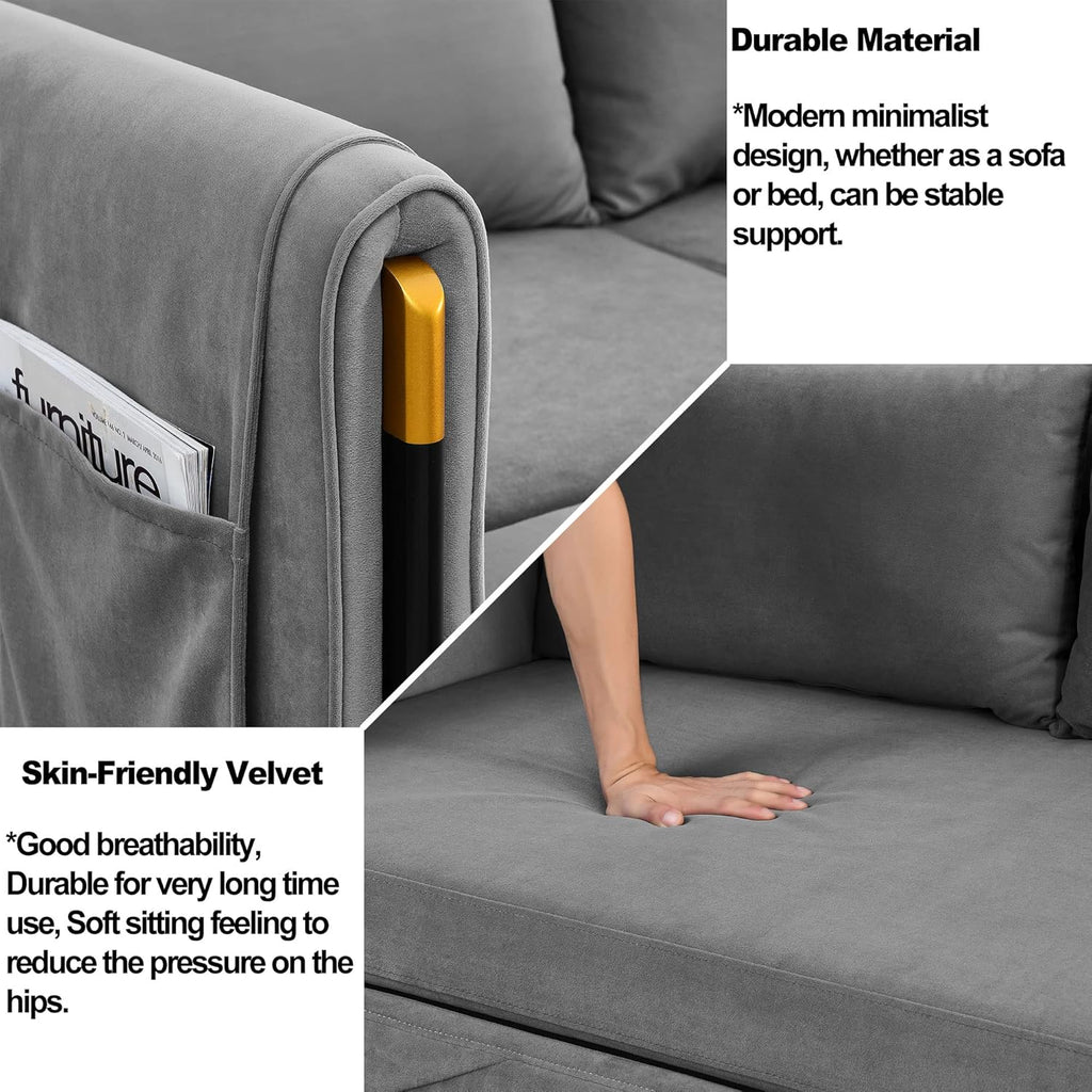 Gray Velvet Convertible Sofa with Pull Out Bed N520