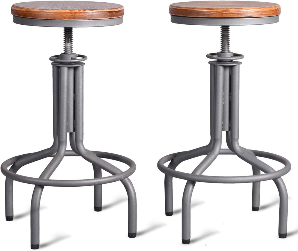 Metal Adjustable Height Bar Stool Set of 2 Black Wooden Top L68192