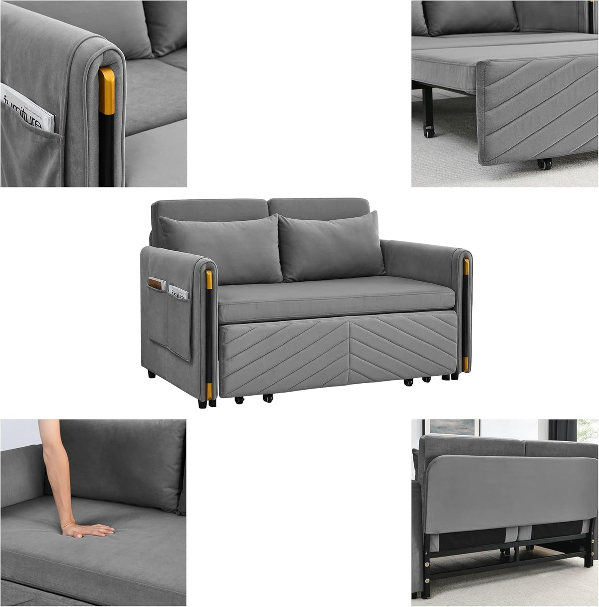 Gray Velvet Convertible Sofa with Pull Out Bed N520