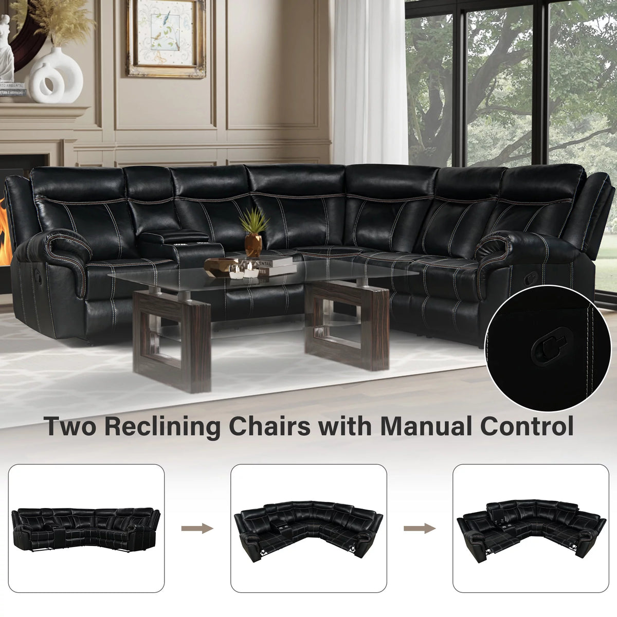 Black Manual Recliner with Cup Holder and Storage E33398