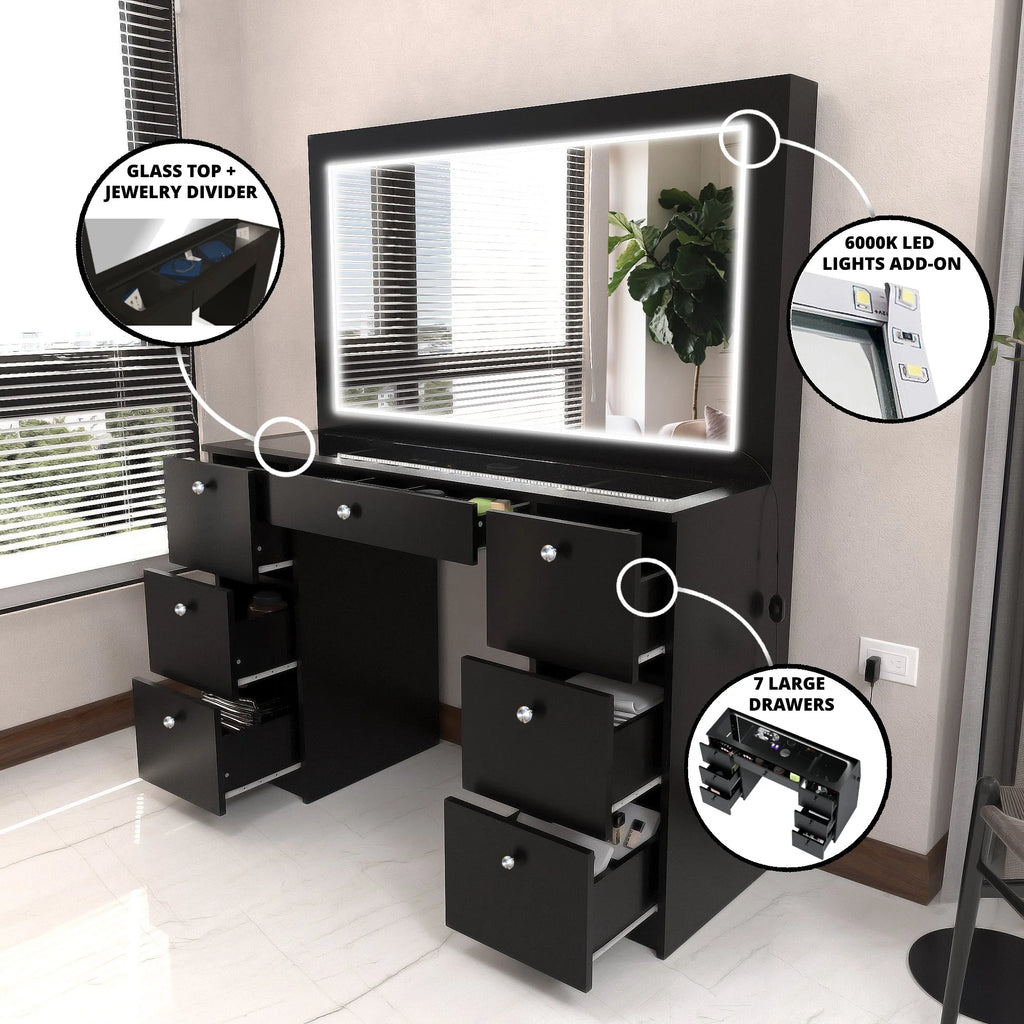 Modern Black Vanity Desk with LED Lights, 7 Drawers, Mirror X790
