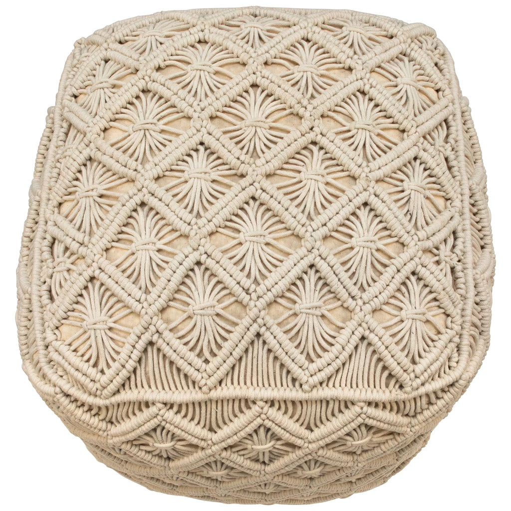 18" Beige Handmade Macramé Cotton Pouf Ottoman R8322