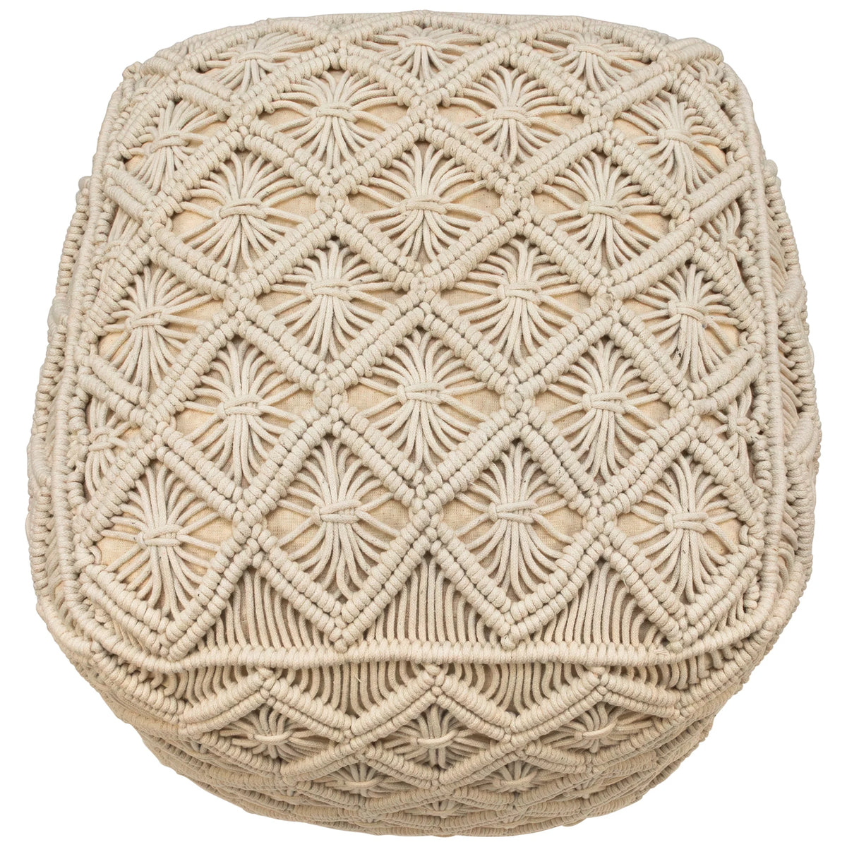 18" Beige Handmade Macramé Cotton Pouf Ottoman R8322