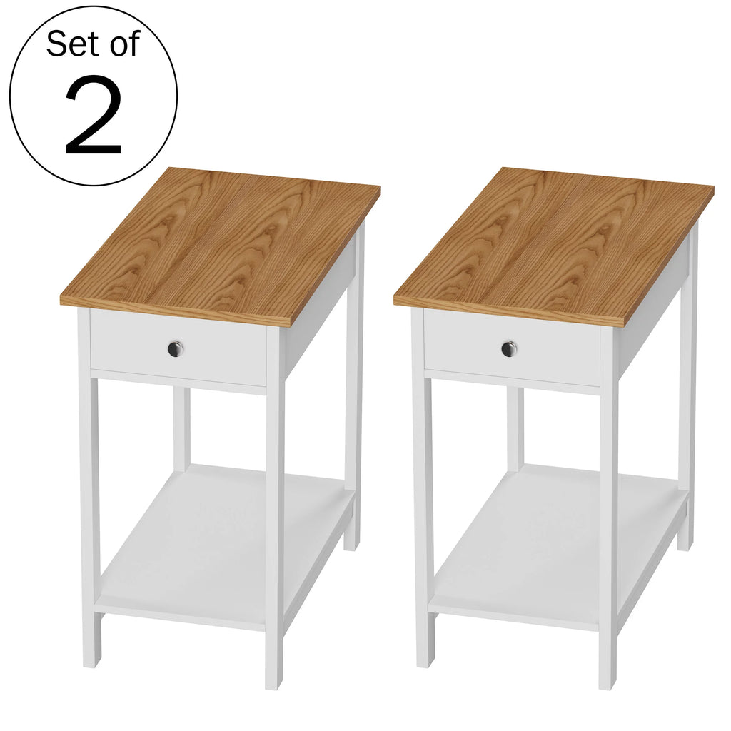 White and Oak 2-Toned End Table with Drawer and Storage Shelf, Set of 2 S65079