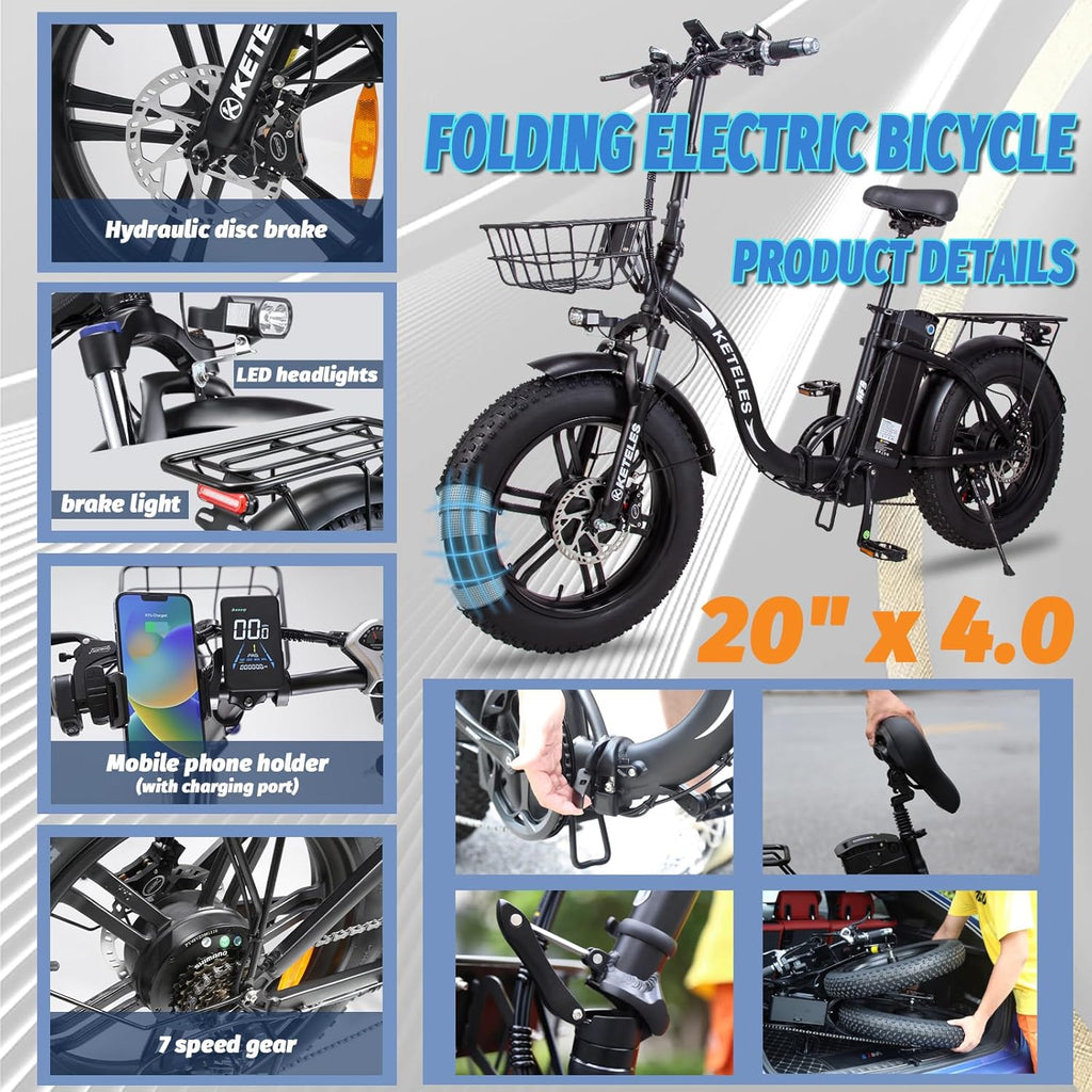 2000W Folding Electric Bike with 48V 23AH Removable Battery 20''x 4.0 Fat Tire Q8983