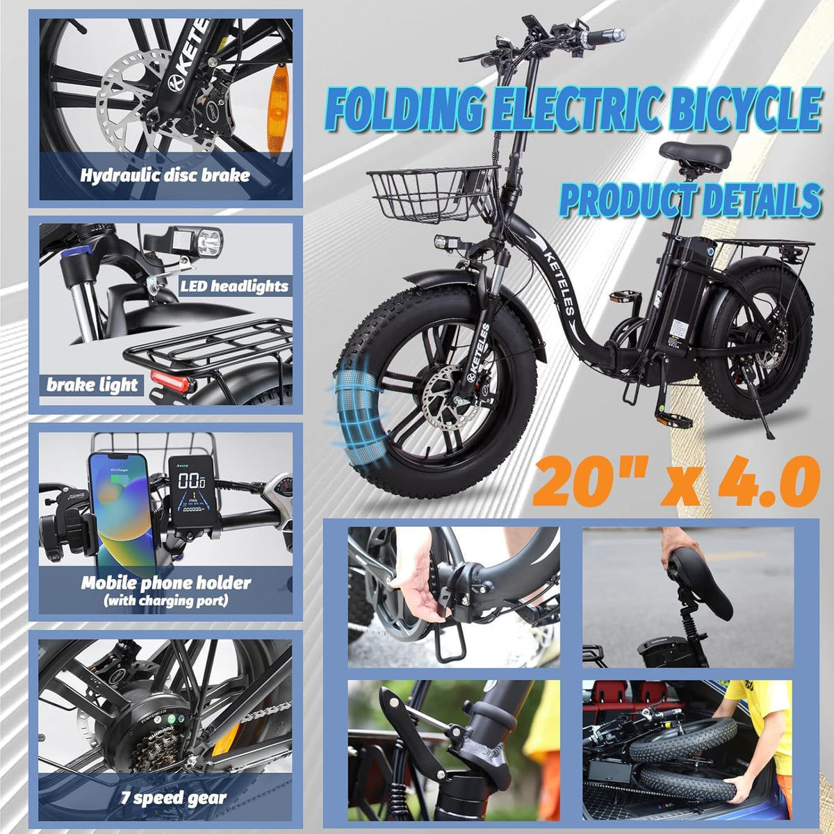 2000W Folding Electric Bike with 48V 23AH Removable Battery 20''x 4.0 Fat Tire Q8983