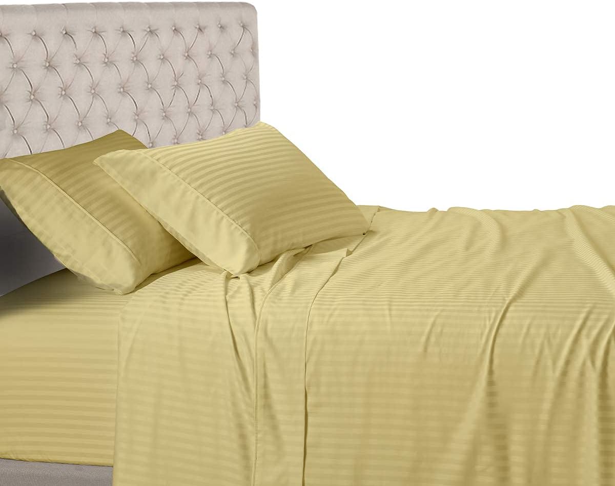 White 600 Thread Count 100% Cotton Sateen Stripe 4PC California King Size Bed Sheet Set H2778