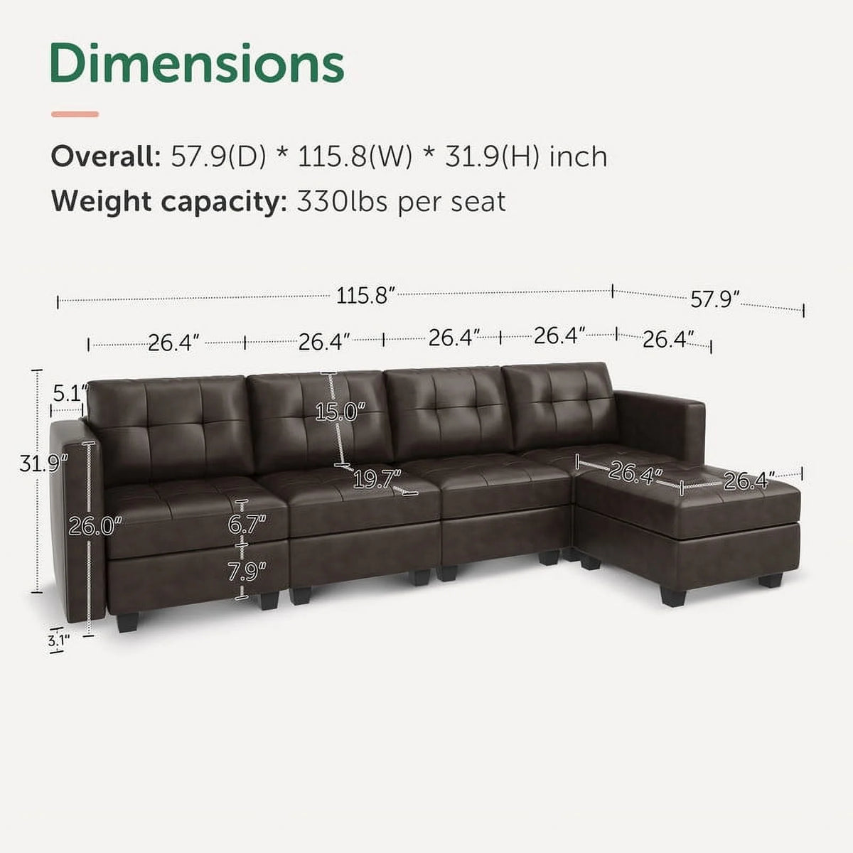 Brown Faux Leather L-Shaped Sectional Sofa with Storage I3417