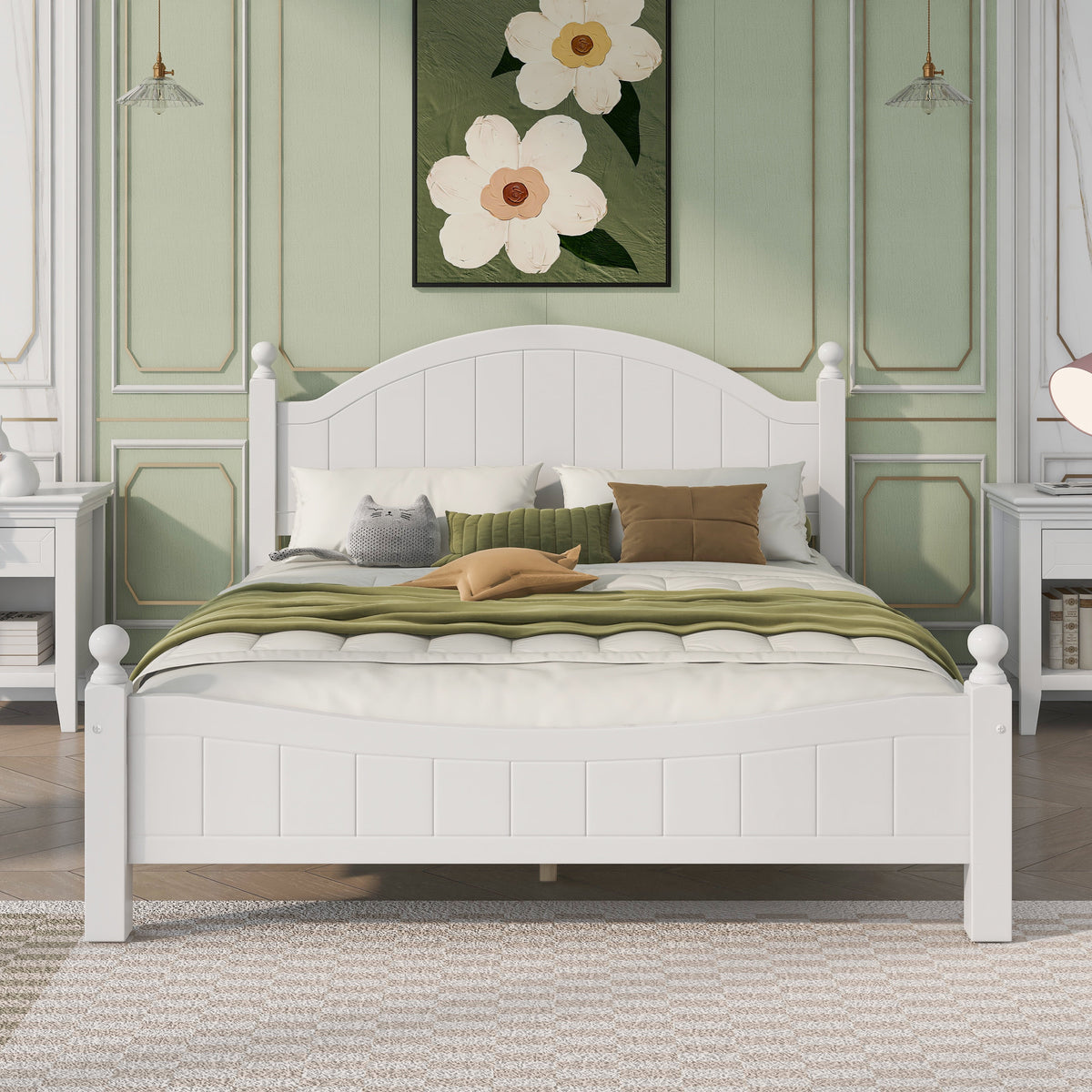Queen Size Solid Wood Platform Bed with Headboard and Footboard White D386