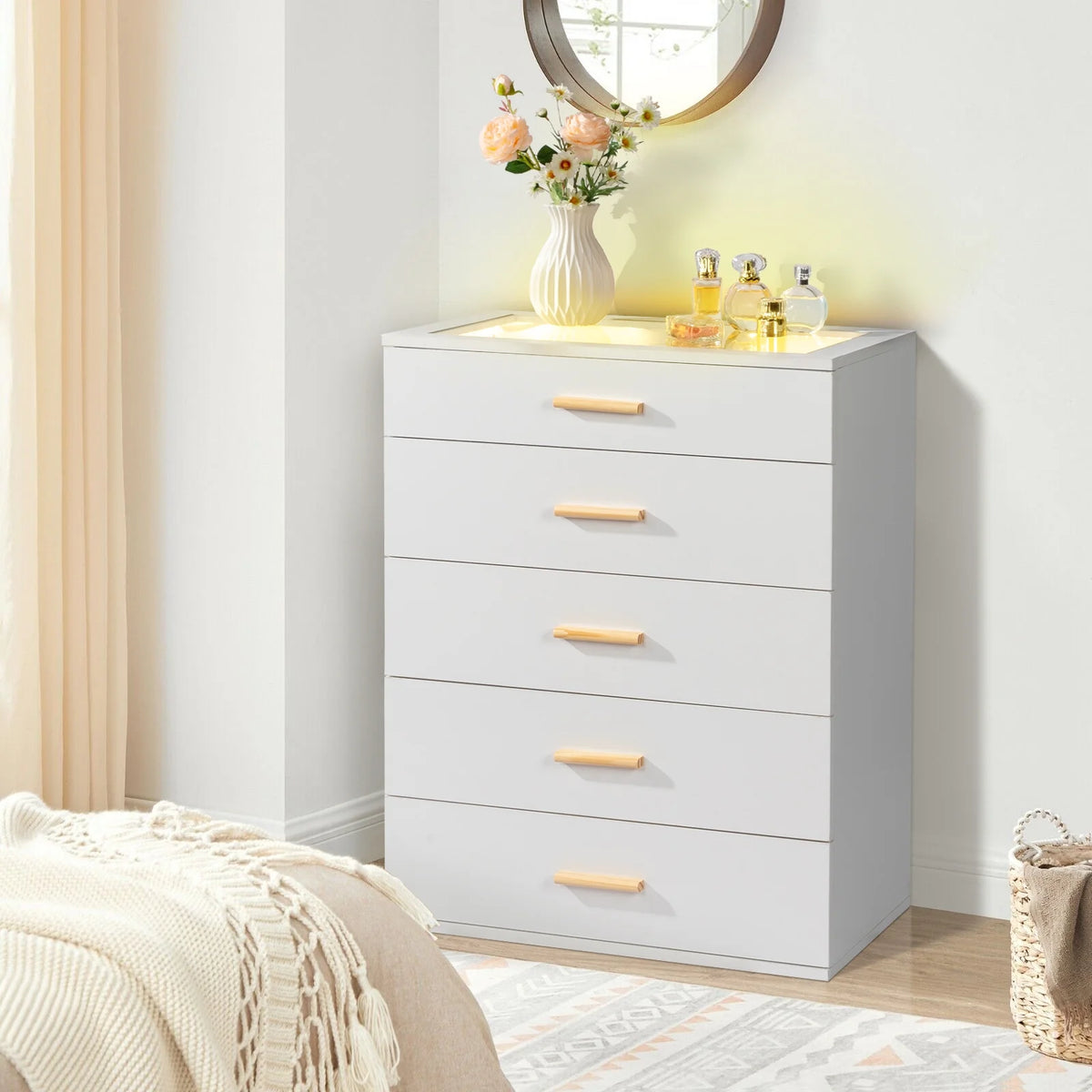 Black 5 Drawer Wood Dresser with Tempered Glass Top A257597