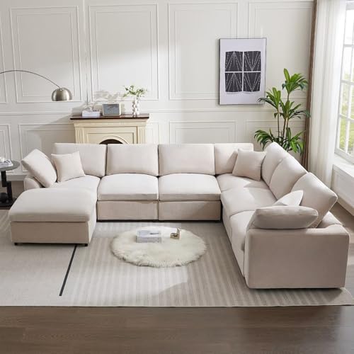 Cream Modular Sectional Sofa with Ottoman 7 Seater L-Shaped B95981