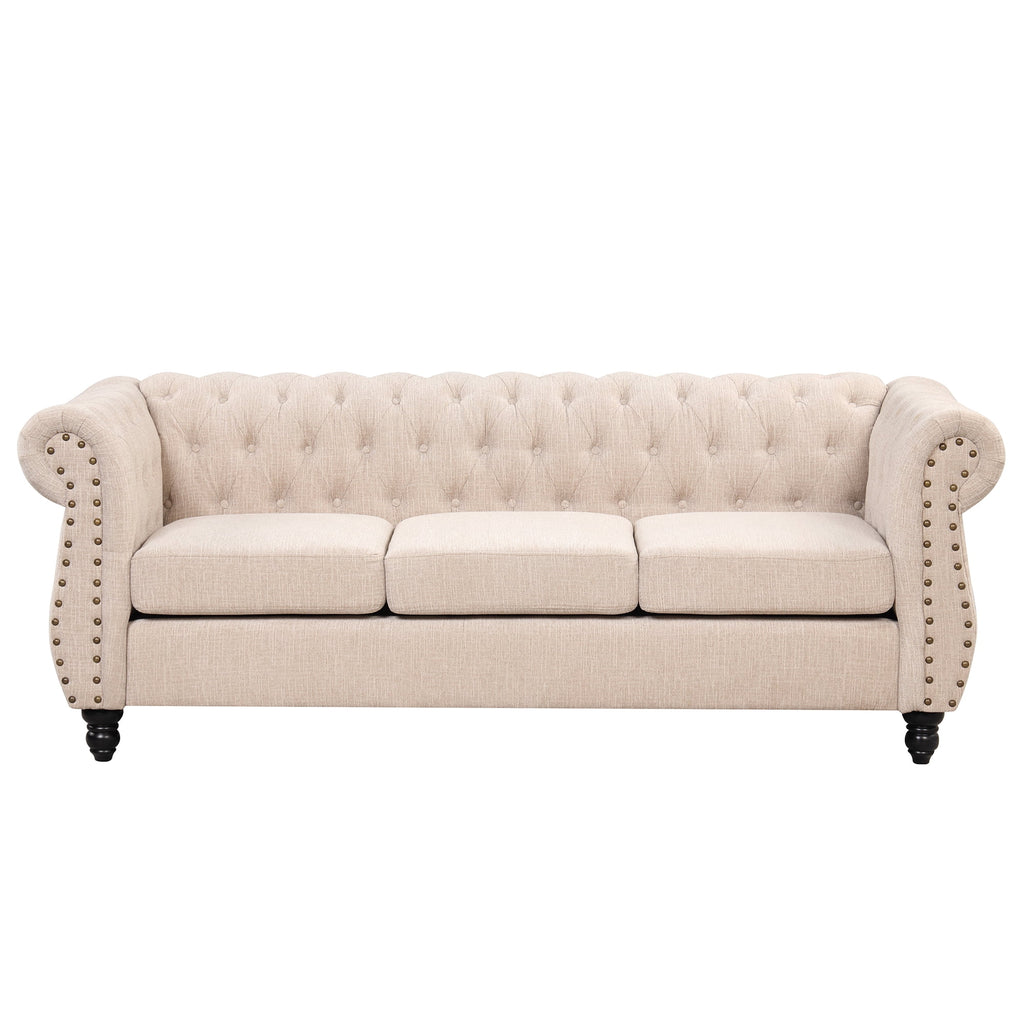 3 Seater Button Tufted Upholstered Sofa with Rolled Arms F156695