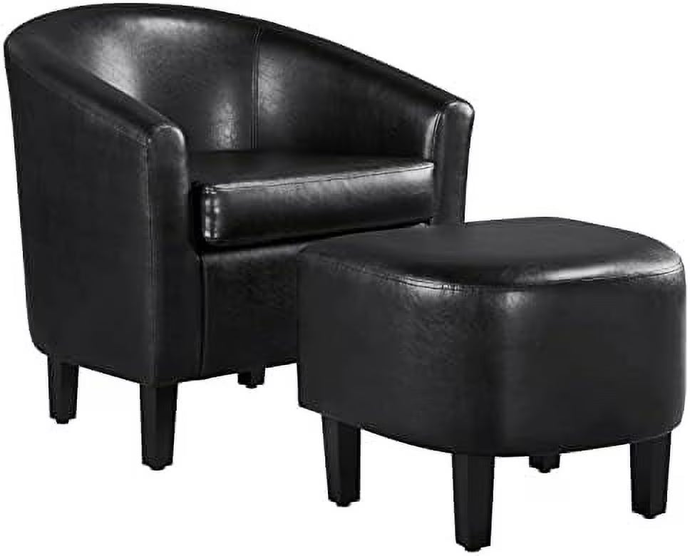 Black PU Leather Barrel Accent Chair with Ottoman Footrest Set H5141