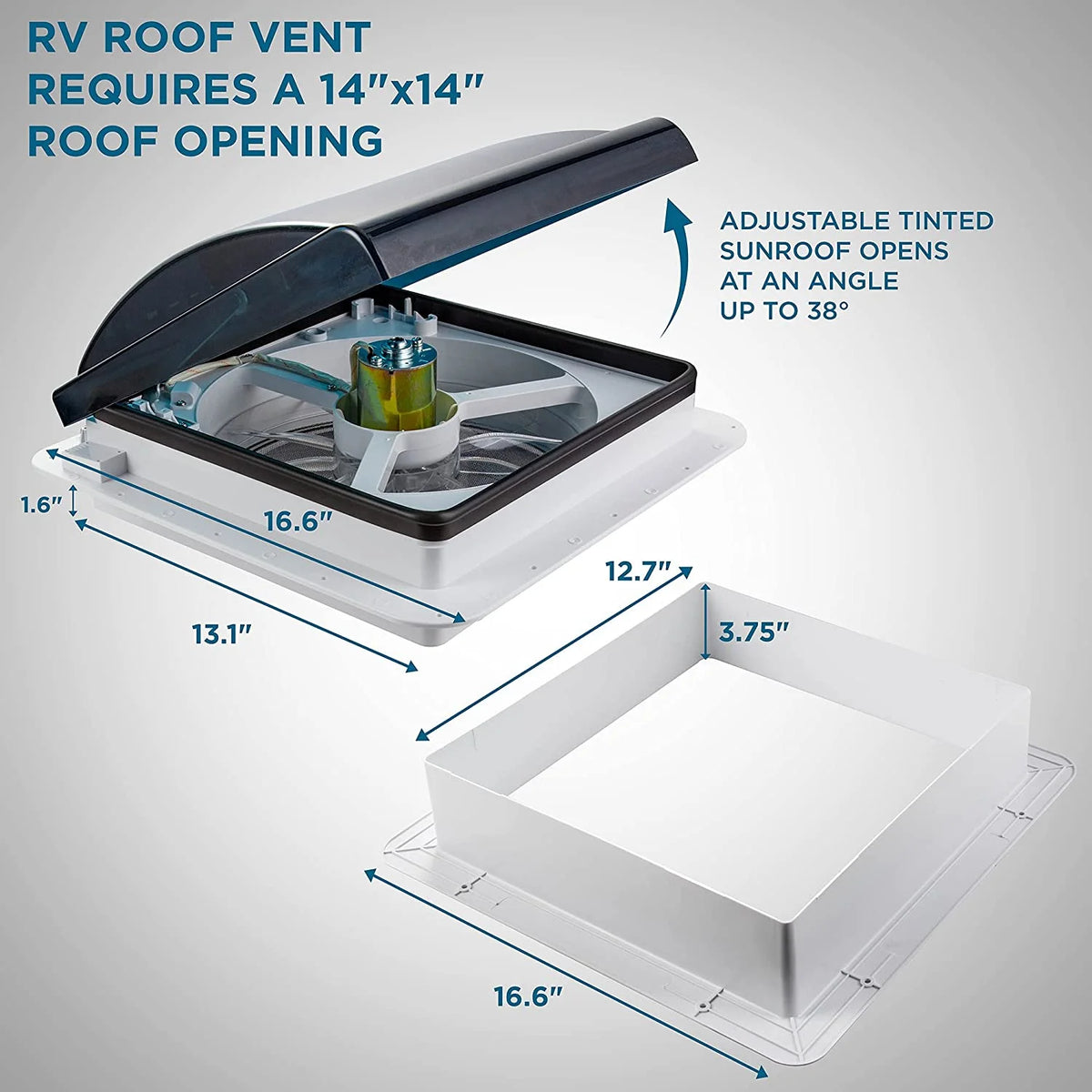 14” RV Roof Vent Fan with Light, Manual, White & Gray K698