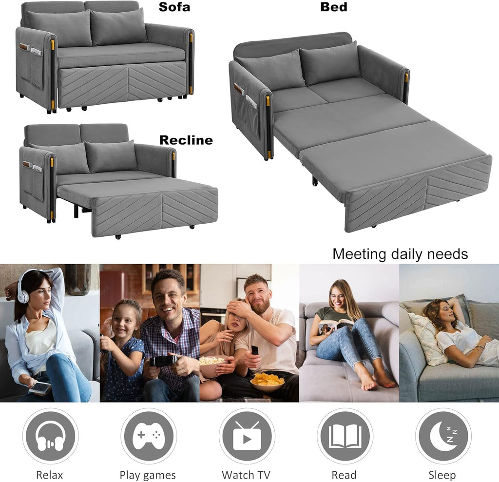 Gray Velvet Convertible Sofa with Pull Out Bed N520