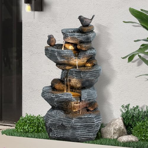 5-Tiers Cascading Rock Water Fountain with LED Lights Q6470