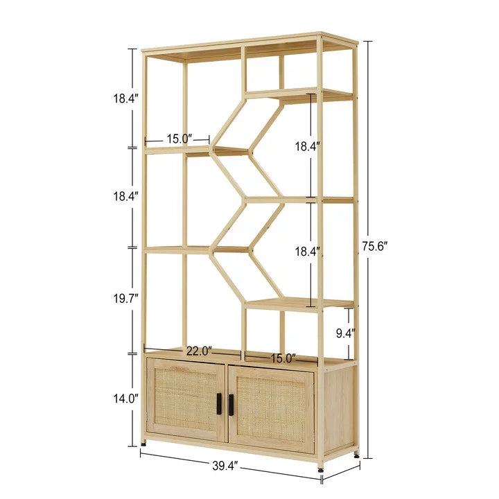 7 Tiers Wood Bookcase with Cabinet and Rattan Door S9088