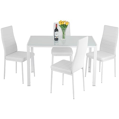 5-Piece Glass Dining Table Set with 4 Upholstered Chairs D7217
