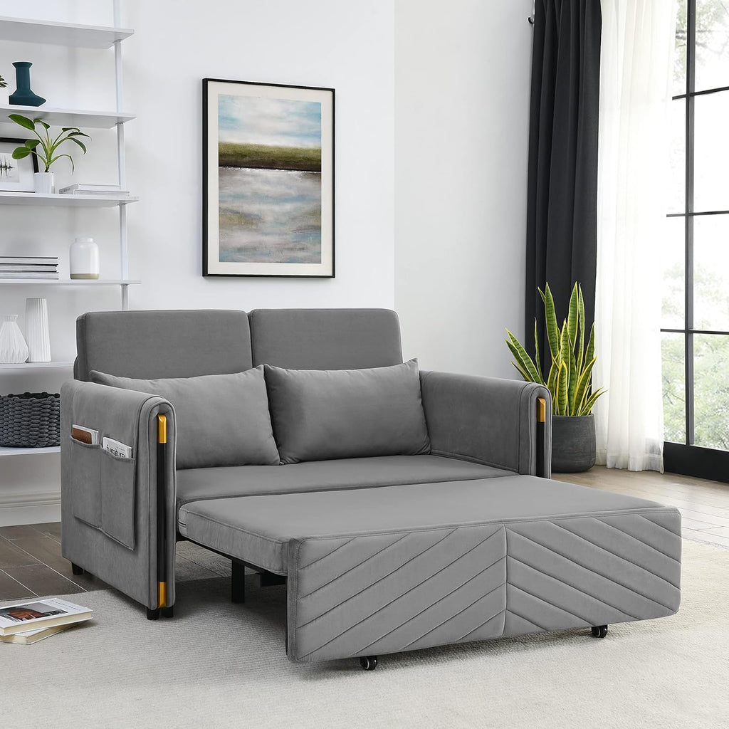 Gray Velvet Convertible Sofa with Pull Out Bed N520
