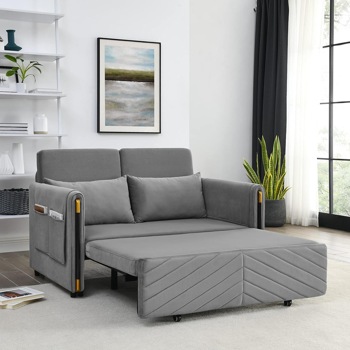 Gray Velvet Convertible Sofa with Pull Out Bed N520