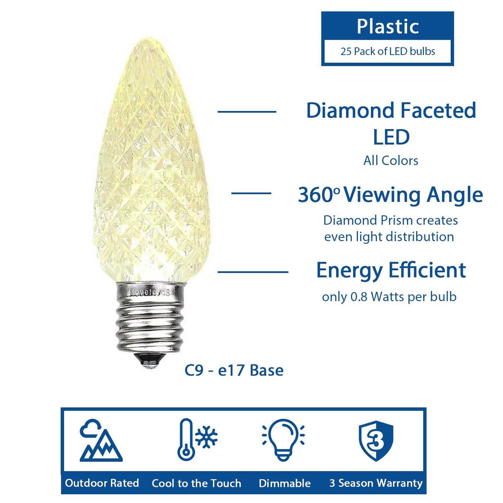 25 Pack C9 LED Faceted Dimmable Outdoor Christmas Replacement Bulbs, Red U16409