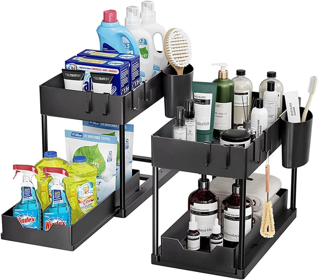 2 Tier Pull-out Under Sink Organizer with Hooks and Hanging Cup O1368