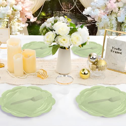 400 Pcs Ivory Paper Plates and Napkins Set Disposable Scalloped Plates Napkins Knives Forks Spoons Cups E95927