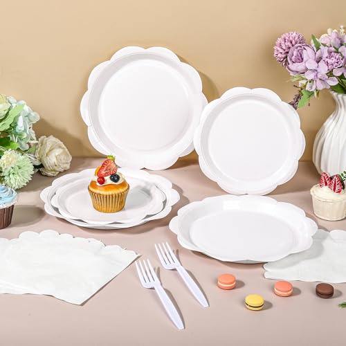 400 Pcs Ivory Paper Plates and Napkins Set Disposable Scalloped Plates Napkins Knives Forks Spoons Cups E95927