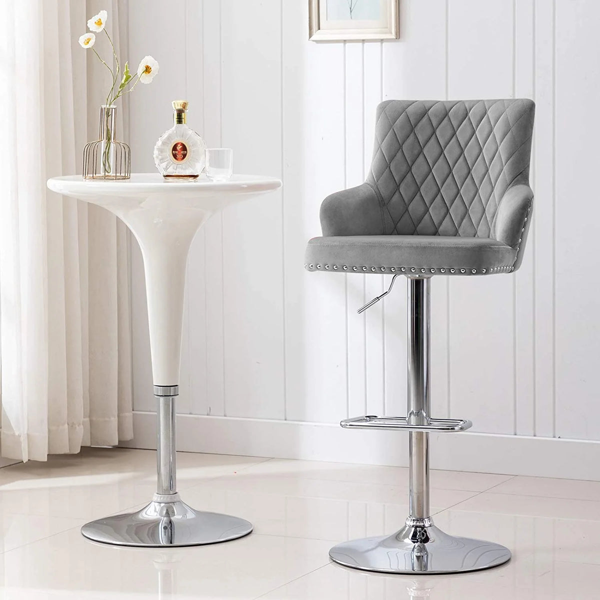 Gray Adjustable Swivel Velvet Bar Stool with Back S457456