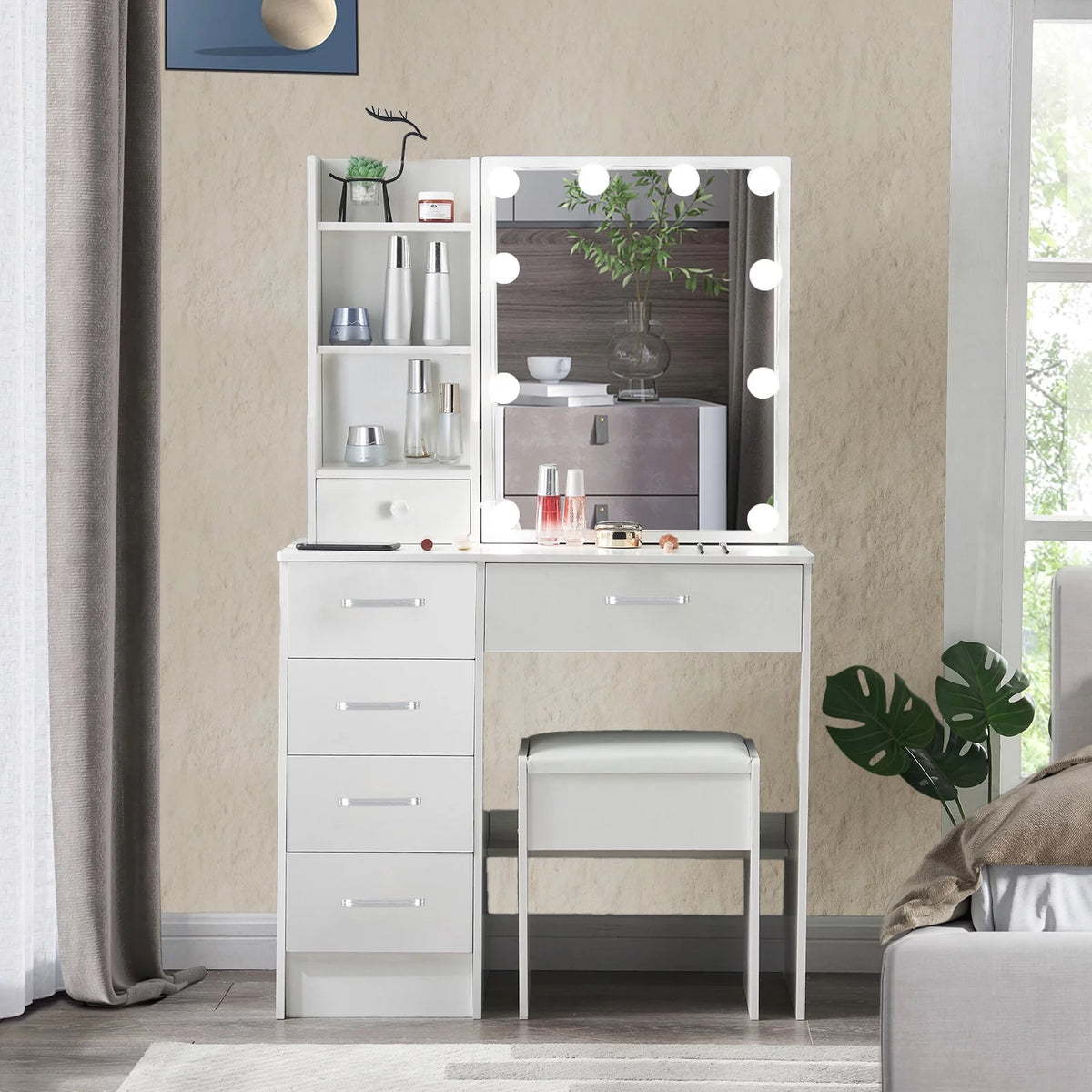 White Vanity Desk with LED Lighted Sliding Mirror and Stool T869