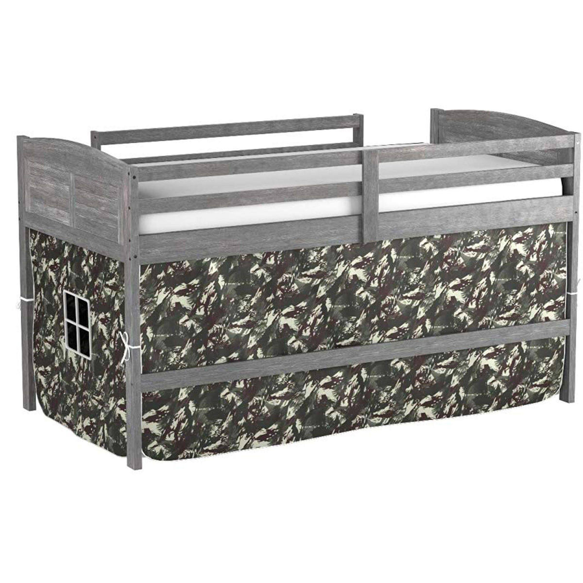 Antique Grey Twin Low Loft Bed with Camo Tent J724