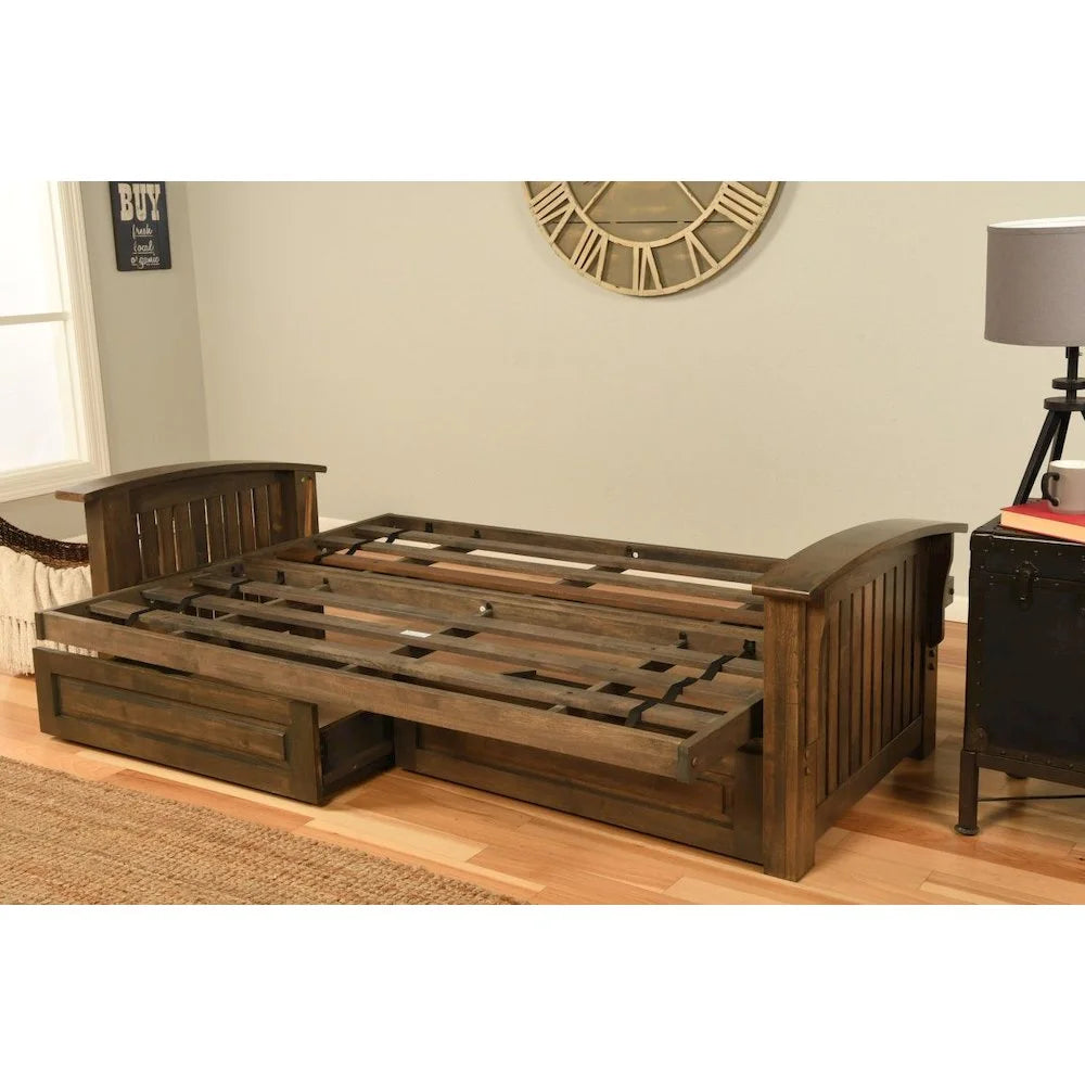 Walnut Full Size Futon Frame with Mattress & Storage Drawers U39836