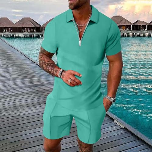 Solid Color Zip Up Short Sleeve Tshirts Shorts Sets Z6362