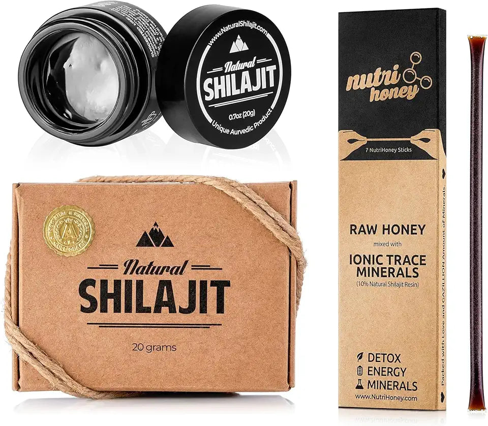 Shilajit Resin 20 Gram Supplement with Fulvic Acid & Trace Minerals & Honey Sticks 7 Count K659
