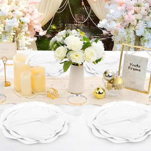 400 Pcs Ivory Paper Plates and Napkins Set Disposable Scalloped Plates Napkins Knives Forks Spoons Cups E95927