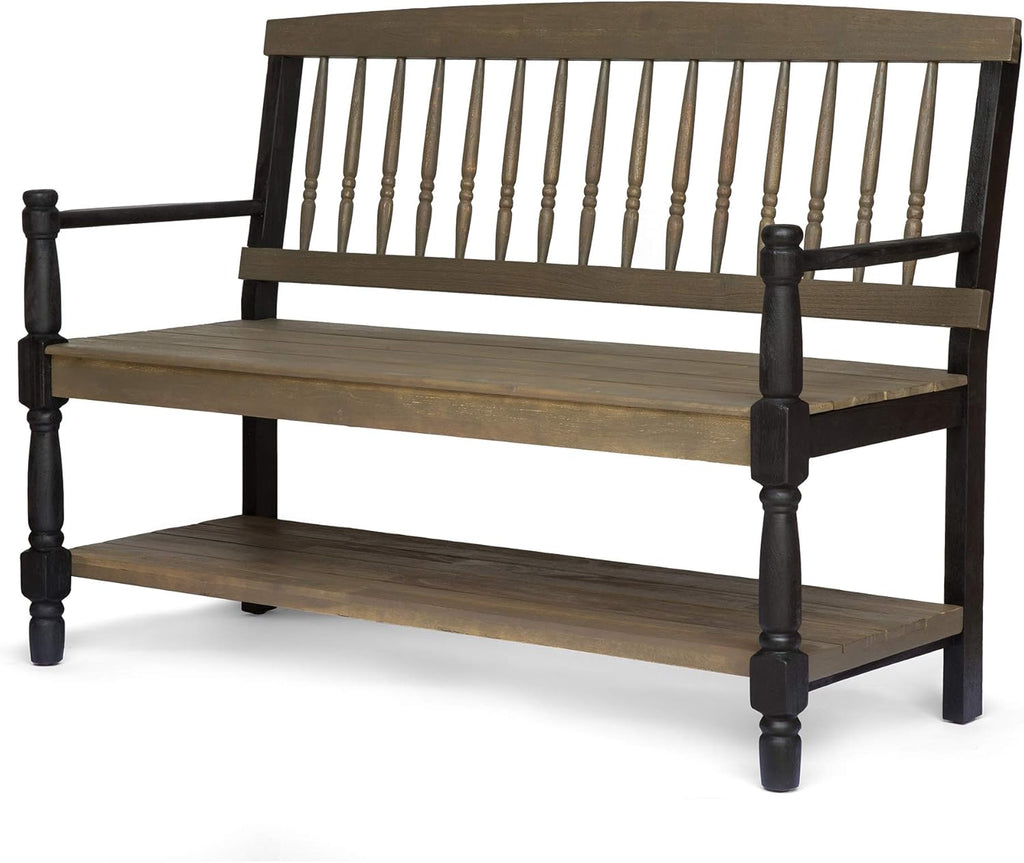 Gray and Black Acacia Wood Bench with Shelf R1668