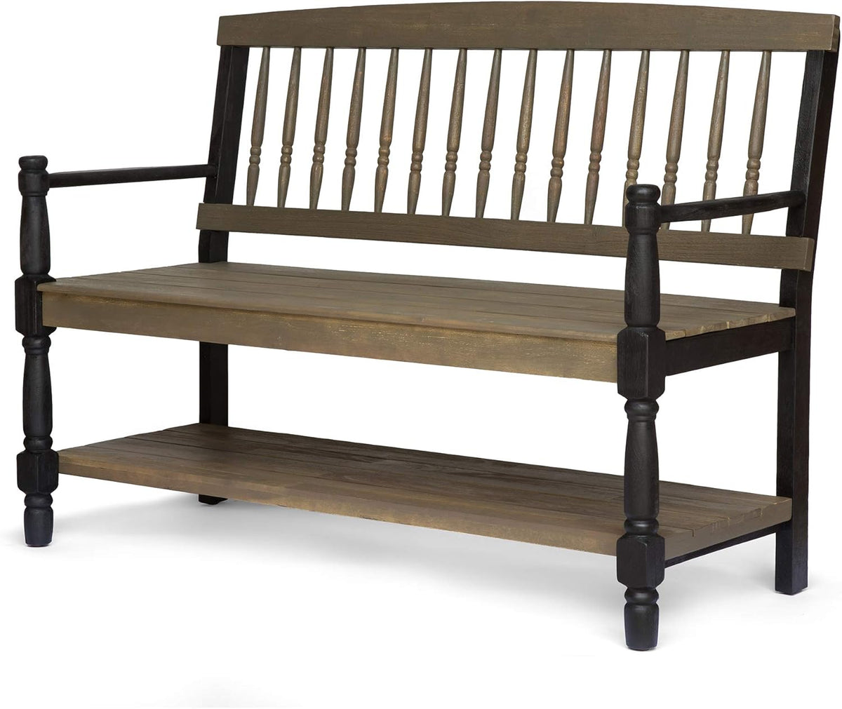 Gray and Black Acacia Wood Bench with Shelf R1668