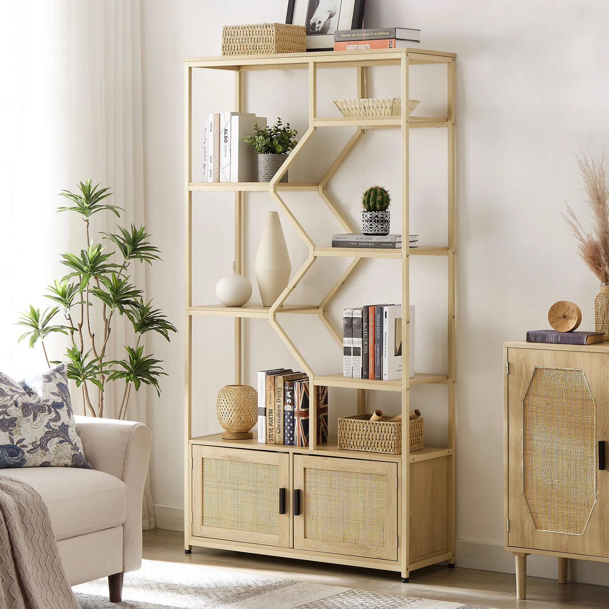 7 Tiers Wood Bookcase with Cabinet and Rattan Door S9088