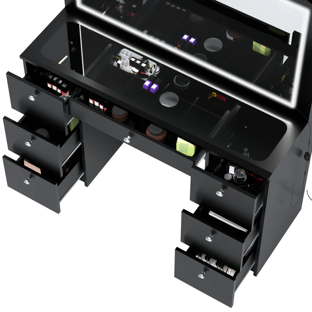 Modern Black Vanity Desk with LED Lights, 7 Drawers, Mirror X790