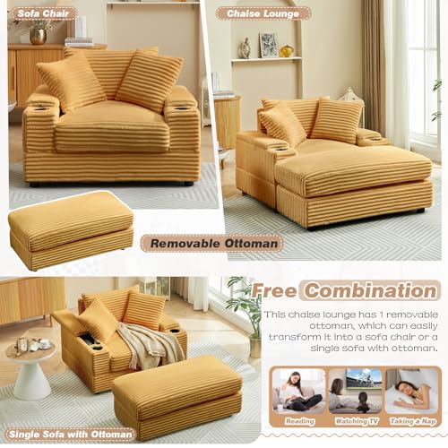 Oversized Corduroy Chaise Lounge Chair with Ottoman and Cup Holder N52132